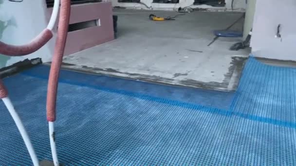 Video Footage Laying Reinforcing Nylon Mesh Floor Construction Works — Video Stock