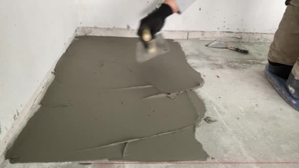 Builder Applies Tile Adhesive Floor Video Footage Construction Work Laying — Stock videók