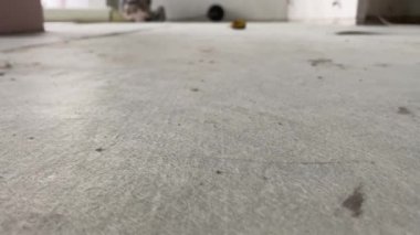 A builder glues a synthetic non-woven fabric onto a tile adhesive before laying the tiles on the floor. 4k video footage of the construction process, as a professional builder glues a special canvas