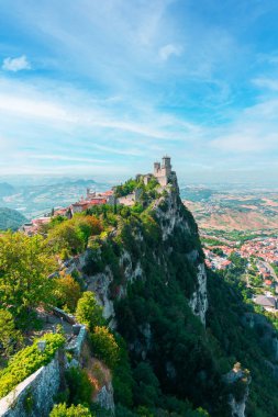 Beautiful panoramic view of the old town of San Marino and the first fortress - Guaita in the Republic of San Marino on Mount Titano, Italy