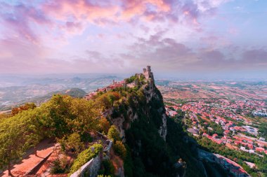 Beautiful panoramic view of the old town of San Marino and the first fortress - Guaita in the Republic of San Marino on Mount Titano, Italy