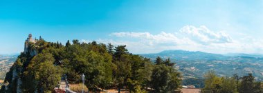Seconda Torre - Cesta in the republic San Marino, Italy. Large Panoramic view with a beautiful fortress, a path over the abyss and greenery around