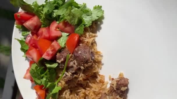 Hot Delicious Pilaf Rice Chicken Decorate Sprig Fresh Cilantro Vegetable — Wideo stockowe
