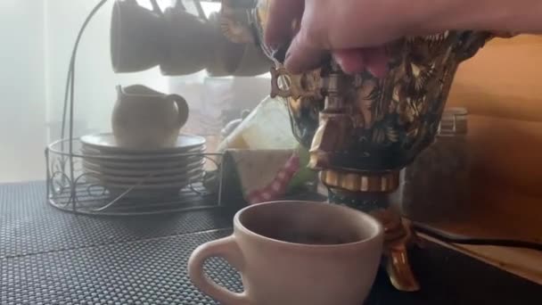 Boiling Samovar Sauna Bath Making Fragrant Herbal Tea Traditional Tea — Stock Video