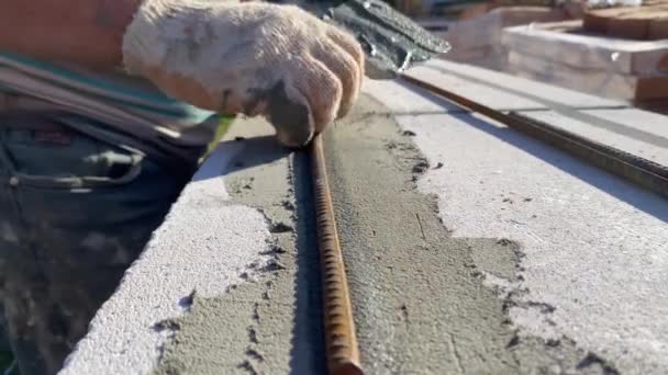 Reinforcement Foam Block Walls Metal Rod Construction Site Private House — Stockvideo