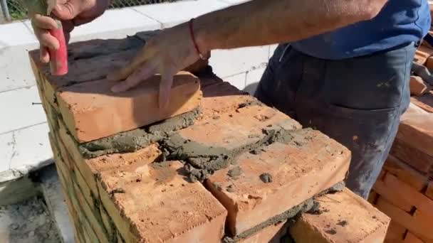 Images Constructeur Exécutant Maçonnerie Brique Rouge Solide Sur Chantier Construction — Video