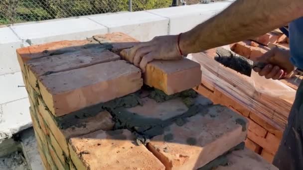 Footage Builder Performing Solid Red Brick Masonry Construction Site Using — 图库视频影像