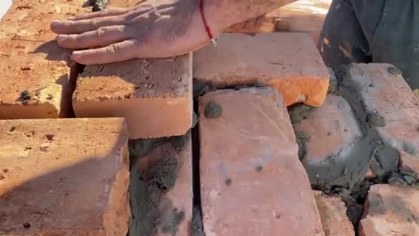 Footage Builder Performing Solid Red Brick Masonry Construction Site Using — Stockvideo