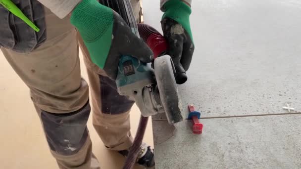 Video Footage Taking Measurements Further Cutting Tiles Using Diamond Cutter — Stock Video