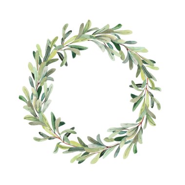 Otlar, elle boyanmış suluboya ökseotu yeşili çelenkler çizimler. Bitki, tasarım için botanik elementler. Suluboya el çizimi çerçeve ortamı