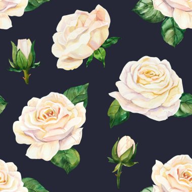 Suluboya, beyaz düğün şakayıkları ve güller kusursuz desenler. Duvar kağıdı, ambalaj kağıdı ve yüzey tasarımı için elle boyanmış gerçekçi botanik çizimler