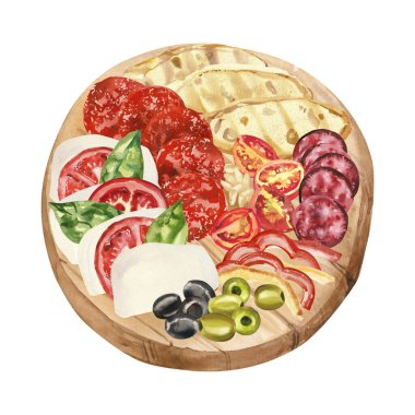 İtalyan geleneksel mozarella, fesleğen, pepperoni ve domatesli antipasti tabağı. Suluboya el boyası resimleme menü tasarımı, yazdırma, sosyal medya için beyaz arkaplanda izole edilmiş.