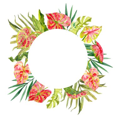 Suluboya el çizimi yağmur ormanları tropikal yapraklar buket çerçeve şablonu. Botanik illüstrasyon kartı beyaz arkaplanda izole edilmiş. El boyası suluboya çiçek tokası.