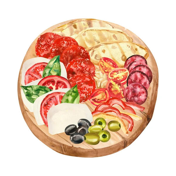 Italiensk Traditionell Antipasti Med Mozzarella Basilika Pepperoni Och Tomater Akvarell — Stockfoto