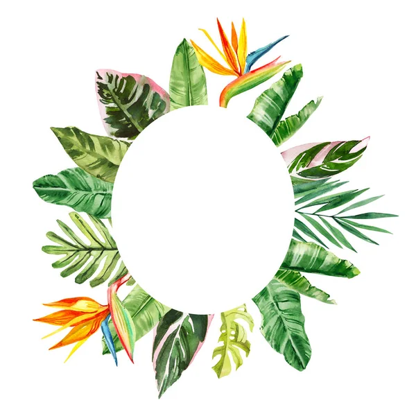 Watercolor hand drawn rainforest tropical flowers and leaves bouquet round frame template. Botanical illustration card isolated on white background. Hand painted watercolor floral clip art