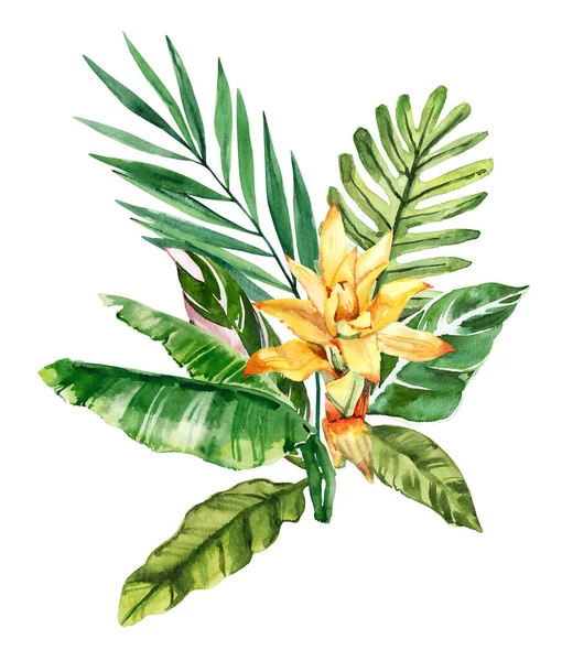 Aquarell Handgezeichneten Regenwald Tropischen Blättern Und Blumen Strauß Komposition Botanische — Stockfoto