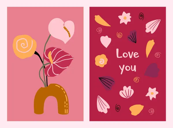 手描きバレンタインデーのポストカード 抽象的なトレンディなピンクのシンプルな幾何学的な花の形 アンチュリウムの花 花瓶のポピーの花 ブッシュの形 グリーティングカード ソーシャルメディアテンプレート — ストックベクタ
