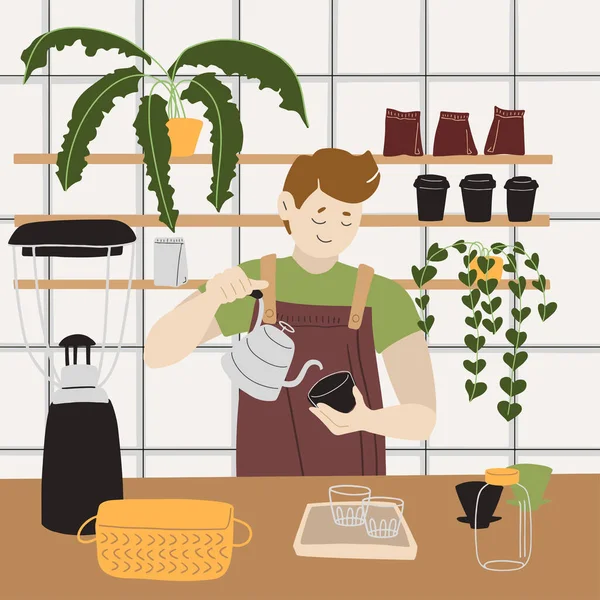 Barista sıcak bir kafede kahve yapıyor. Vektör illüstrasyonunda. Kapuçino, filtre ve espresso hazırlayan erkekler. Düz grafik vektör illüstrasyonu