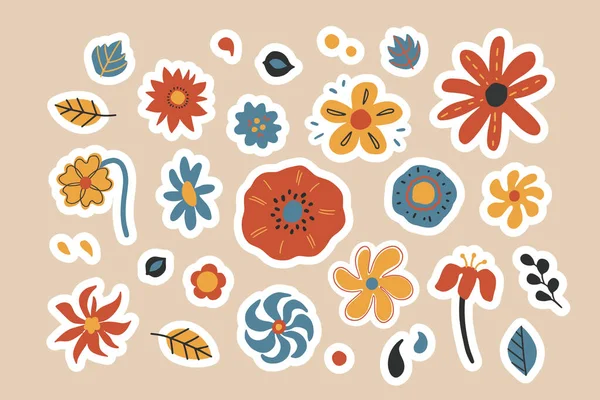 Cartoon 70S Groovy Floral Sticker Composition Set Various Retro Botanical — Stock Vector
