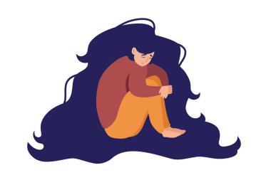 Elle çizilmiş mutsuz genç bir kadın depresyonda oturup kendine sarılıyor. Keder, hüsran ve depresyon kavramı. Basit arkaplanda izole edilmiş renkli düz vektör çizimi.
