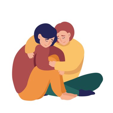 Elle boyanmış sakin genç kadınlar huzur içinde oturuyor ve sarılıyorlar. Akıl sağlığı, destek ve farkındalık kavramı. Basit arkaplanda izole edilmiş renkli düz vektör çizimi.