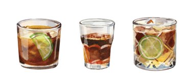 Kafe menüsü için özel kahve ve el boyası suluboya seti. El yapımı suluboya karışımı, espresso tonik ve beyaz arka planda izole edilmiş soğuk demlenmiş kahve.