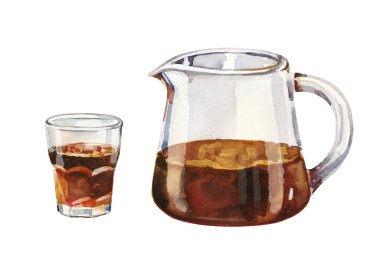 Kafe menüsü için özel kahve ve el boyası suluboya seti. El yapımı suluboya karışımı, espresso tonik ve beyaz arka planda izole edilmiş soğuk demlenmiş kahve.