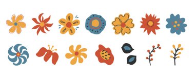 Elle boyanmış çizgi film 70 'lerin moda çiçek etiketi seti. Çeşitli botanik elementler, el çizimi dekoratif çiçekler ve yapraklar koleksiyonu.