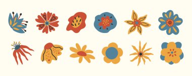 Elle boyanmış çizgi film 70 'lerin moda çiçek etiketi seti. Çeşitli botanik elementler, el çizimi dekoratif çiçekler ve yapraklar koleksiyonu.