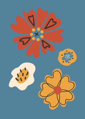 Çizgi film 70 'lerin şık çiçek posteri kompozisyonu. Naif retro botanik elementler, elle çizilmiş dekoratif çiçekler ve yapraklar.