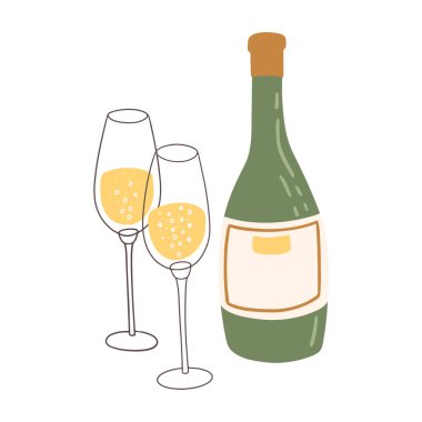 Ev illüstrasyonunda Noel 'i kutluyoruz. Elle boyanmış Prosecco şarap şişesi ve gözlük. Samimi şirin düz simge önceden yapılmış poster kompozisyonu