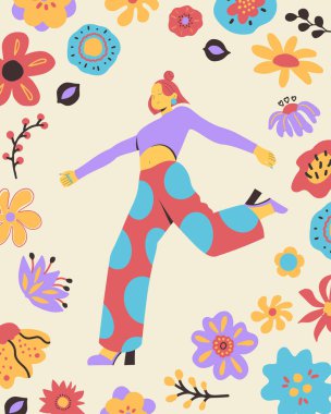 Mutlu özgür kadın havada süzülüyor ve zıplıyor. Özgürlük, mutluluk ve arzu kavramı. Moda kadını ileri gittiği için mutlu. Renkli düz vektör çizimi çiçekli arkaplanda izole edildi.
