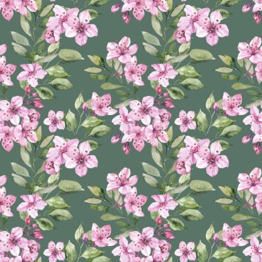 Suluboya elle boyanmış kiraz çiçekleri çizimi kusursuz desen - bahar ambalaj kağıdı, kumaş ve yüzey tasarımı, duvar kağıdı