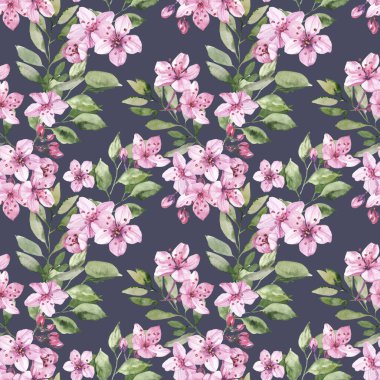 Suluboya elle boyanmış kiraz çiçekleri çizimi kusursuz desen - bahar ambalaj kağıdı, kumaş ve yüzey tasarımı, duvar kağıdı