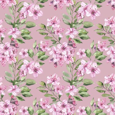Suluboya elle boyanmış kiraz çiçekleri çizimi kusursuz desen - bahar ambalaj kağıdı, kumaş ve yüzey tasarımı, duvar kağıdı