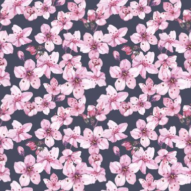 Suluboya elle boyanmış kiraz çiçekleri çizimi kusursuz desen - bahar ambalaj kağıdı, kumaş ve yüzey tasarımı, duvar kağıdı