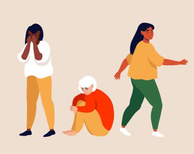 Depresyondaki mutsuz genç kadınları farklı pozlarda elle boyadılar. Keder, hüsran ve depresyon kavramı. Basit arkaplanda izole edilmiş renkli düz vektör çizimi.