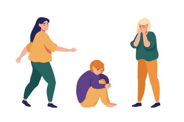 Depresyondaki mutsuz genç kadınları farklı pozlarda elle boyadılar. Keder, hüsran ve depresyon kavramı. Basit arkaplanda izole edilmiş renkli düz vektör çizimi.