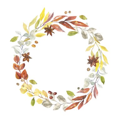 Suluboya el, botanik sonbahar yaprakları ve beyaz arka planda izole edilmiş çelenk çizimi. Düğün davetiyeleri ve tebrik kartları için ayrı bir çelenk aranjmanı