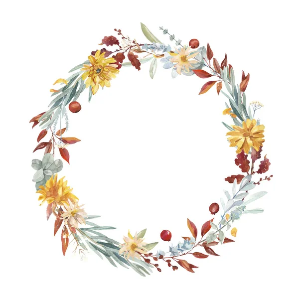 Suluboya el, botanik sonbahar yaprakları ve beyaz arka planda izole edilmiş çelenk çizimi. Düğün davetiyeleri ve tebrik kartları için ayrı bir çelenk aranjmanı