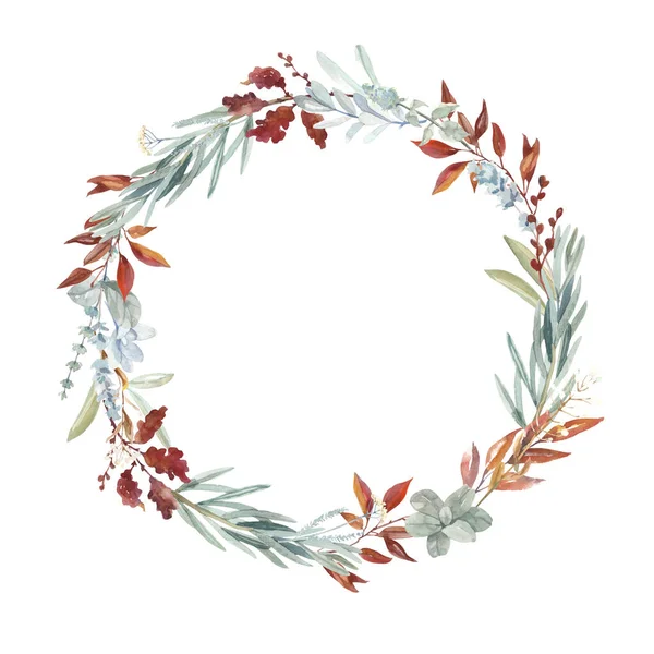 Watercolor hand painted botanical autumn leaves and branches wreath illustration clipart isolated on white background. Isolated wreath arrangement for wedding invitations and greeting cards