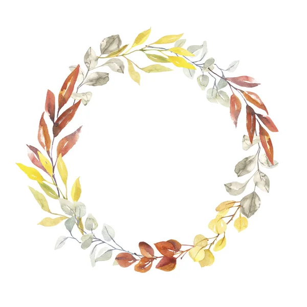 Watercolor hand painted botanical autumn leaves and branches wreath illustration clipart isolated on white background. Isolated wreath arrangement for wedding invitations and greeting cards