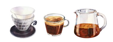 Kafe menüsü için özel filtreli el boyası suluboya seti kahve içecekler. Elle çizilmiş suluboya demleme filtresi beyaz arkaplanda izole edilmiş koyu kahve