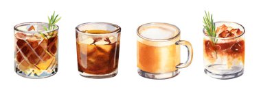 Kafe menüsü için özel kahve ve el boyası suluboya seti. El yapımı suluboya filtresi, çoklu demleme, espresso tonik ve beyaz arka planda izole edilmiş soğuk demleme kahve.