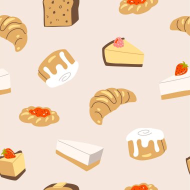 Vektör el boyalı kafe pastası muzlu ekmek, danish, cheesecake, tarçınlı çörek, kruvasan çizimi. Sevimli düz düz el çizimi, pürüzsüz desen, duvar kağıdı arkaplan, ambalaj kağıdı tasarımı