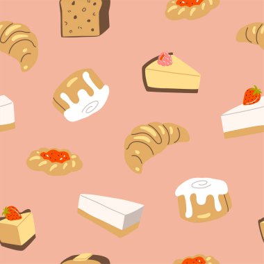 Vektör el boyalı kafe pastası muzlu ekmek, danish, cheesecake, tarçınlı çörek, kruvasan çizimi. Sevimli düz düz el çizimi, pürüzsüz desen, duvar kağıdı arkaplan, ambalaj kağıdı tasarımı