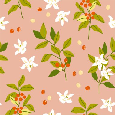 Vektör elle boyanmış kafe lezzetli kahve bitkisi, yapraklar, böğürtlen ve çiçek illüstrasyonu. Sevimli düz düz el çizimi pürüzsüz desen, duvar kağıdı arkaplan, ambalaj kağıdı