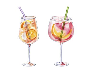 Bir dizi suluboya el resmi Cin ve tonik kokteyl bardağı ile beyaz arka planda limon dilimi basit çizim çizimi. Bar menüsü, sosyal medya, reklamlar ve posterler için DIY ögeleri