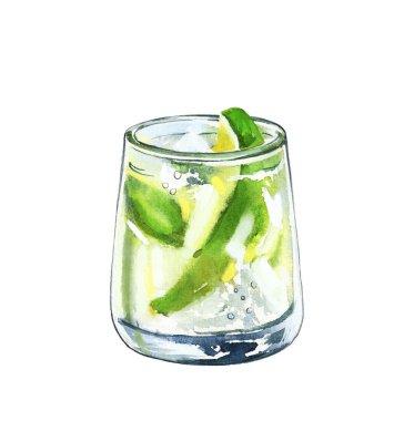 Elle suluboya Cin ve tonik kokteyl bardağını limon dilimi ile boyamış. Beyaz arka planda basit bir çizim çizimi. Bar menüsü, sosyal medya, reklamlar ve posterler için DIY ögesi