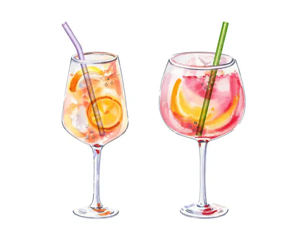Bir dizi suluboya el resmi Cin ve tonik kokteyl bardağı ile beyaz arka planda limon dilimi basit çizim çizimi. Bar menüsü, sosyal medya, reklamlar ve posterler için DIY ögeleri